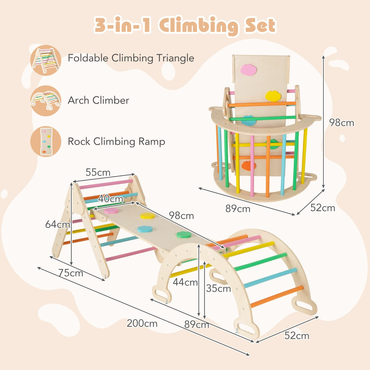 NNECW 7-in-1 Wood Triangle Climbing Toys for Toddlers-Multicolour