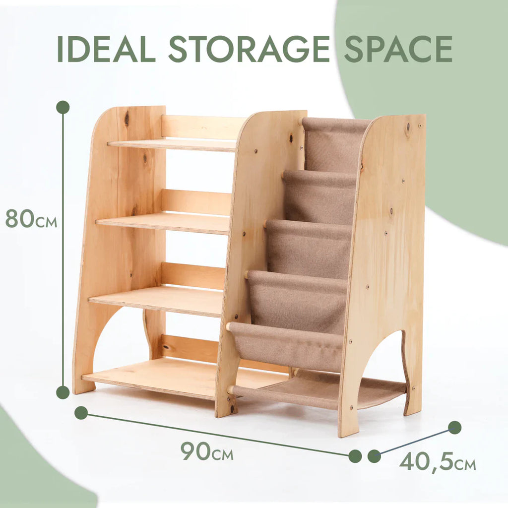 Wooden Montessori Shelves for Toddler 2in1: Bookshelf & Toy Shelving