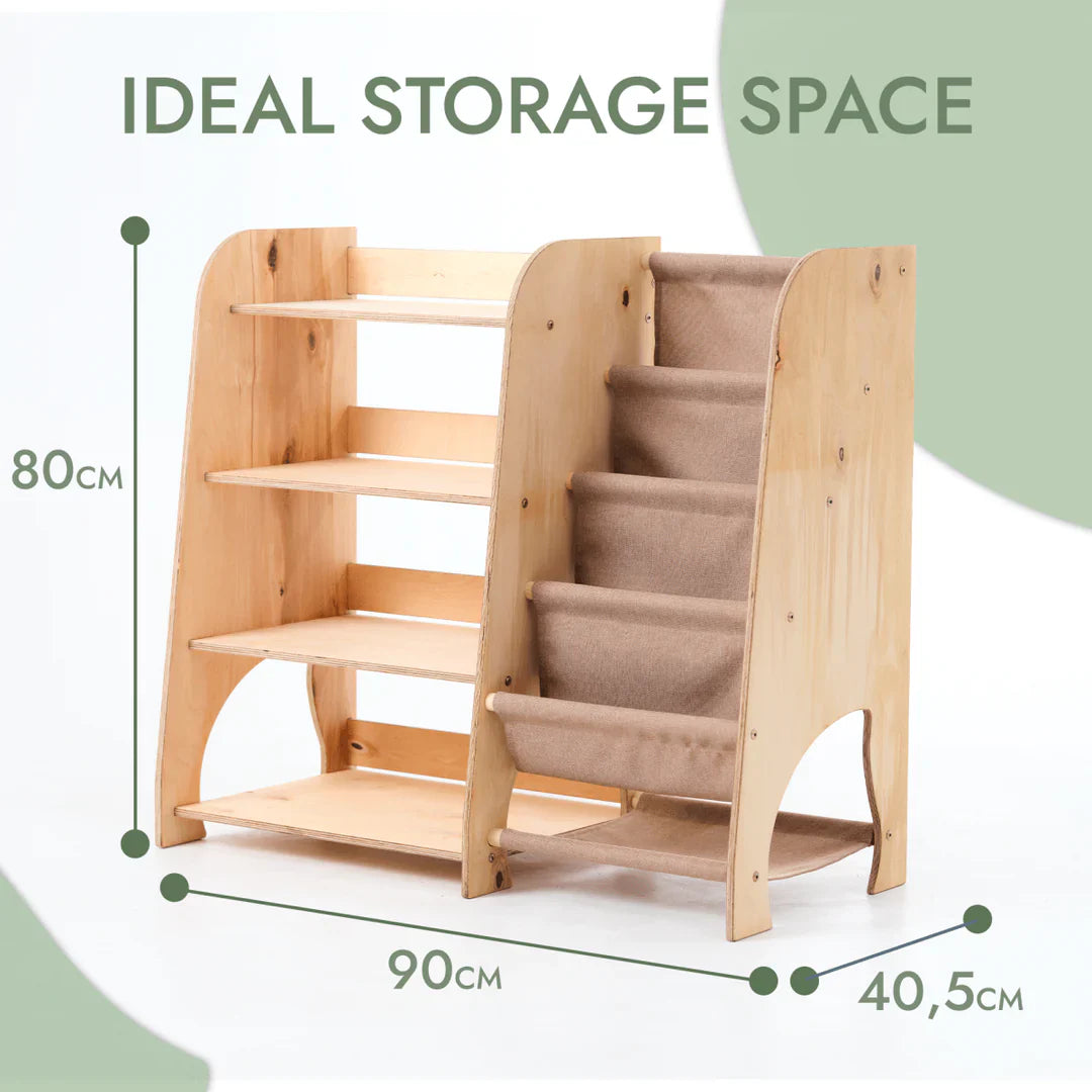 Wooden Montessori Shelves for Toddler 2in1: Bookshelf & Toy Shelving