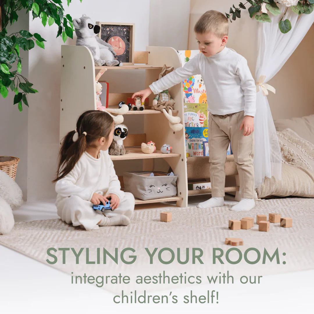 Wooden Montessori Shelves for Toddler 2in1: Bookshelf & Toy Shelving